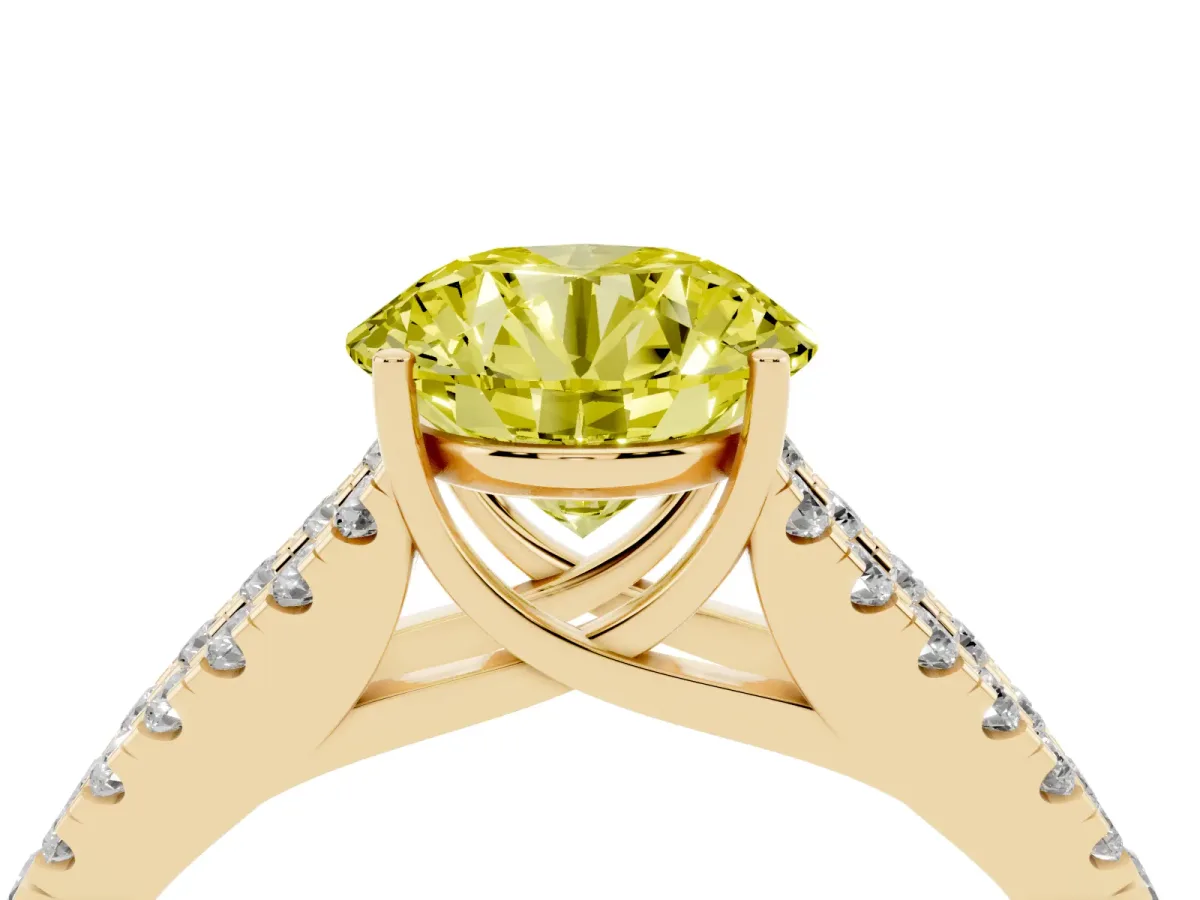 Fancy Yellow Round Cut Diamond Split Shank Pavé Engagement Ring with Four-Prong Setting Yellow gold