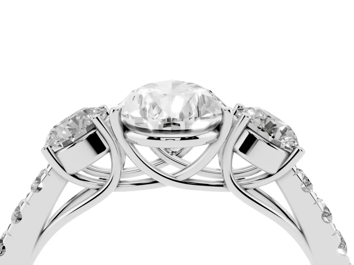 Pear Cut Cut Diamond Three-Stone Ring with Round Side Stones and Pavé Band Silver
