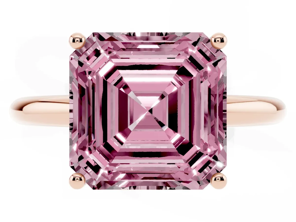 Fancy Pink Asscher Cut Cut Solitaire Engagement Ring with Four-Prong Setting and Classic Band Rose gold