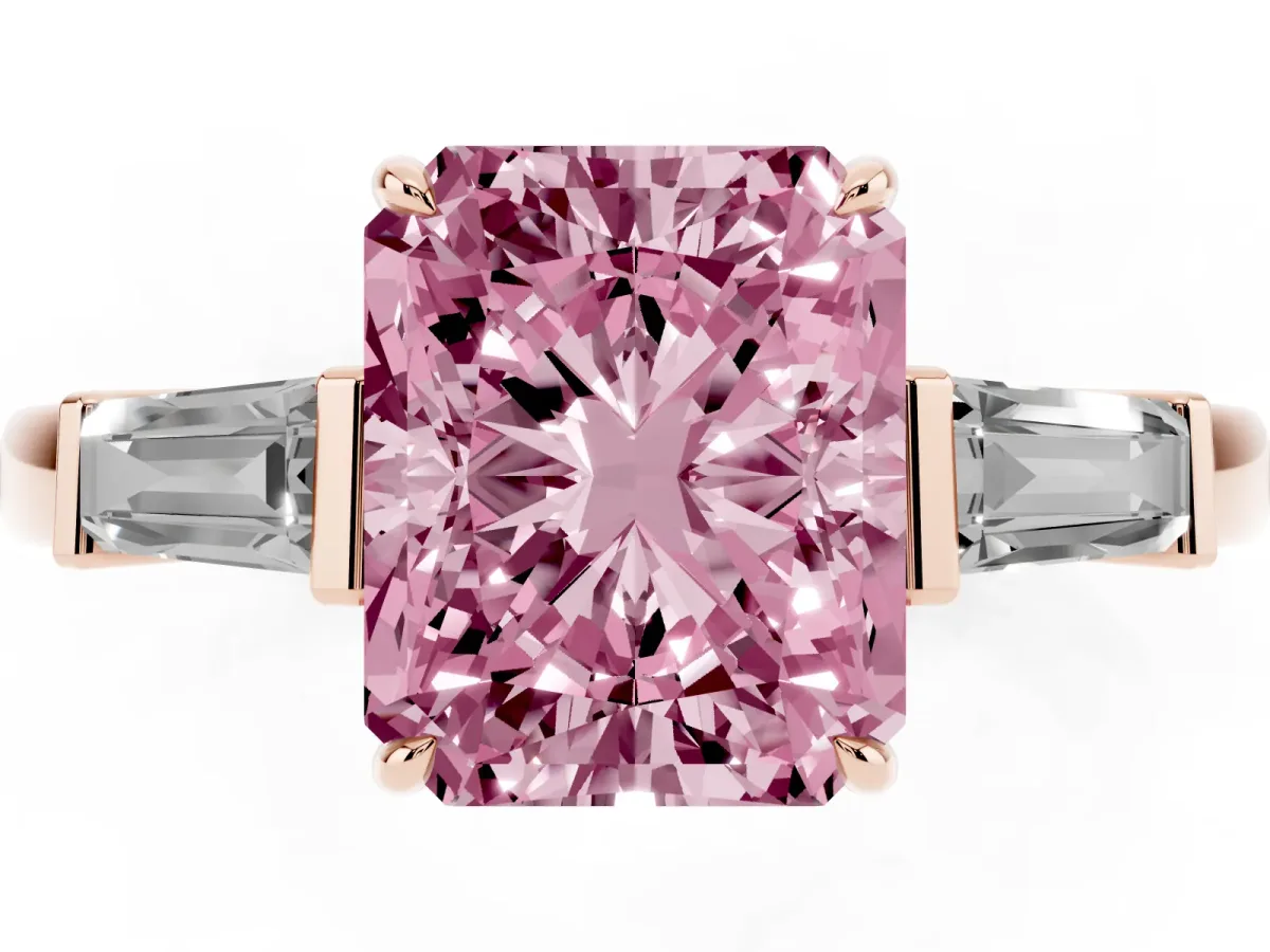 Fancy Pink Radiant Cut Diamond Three-Stone Ring with Tapered Baguette Side Stones and Prong Setting Rose gold