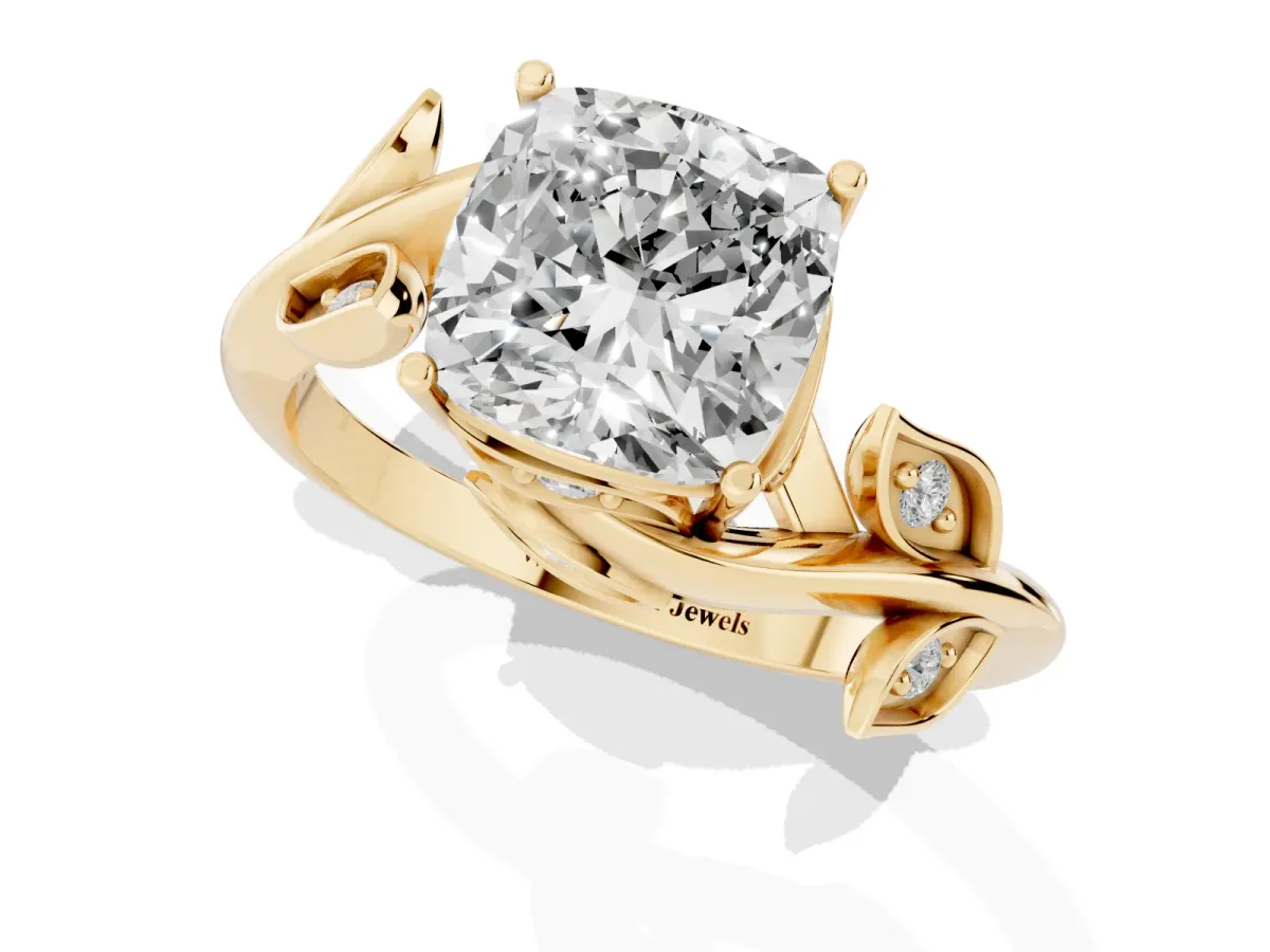 Cushion Cut Solitaire Twist Engagement Ring with Leaf Accents and Prong Setting Yellow gold
