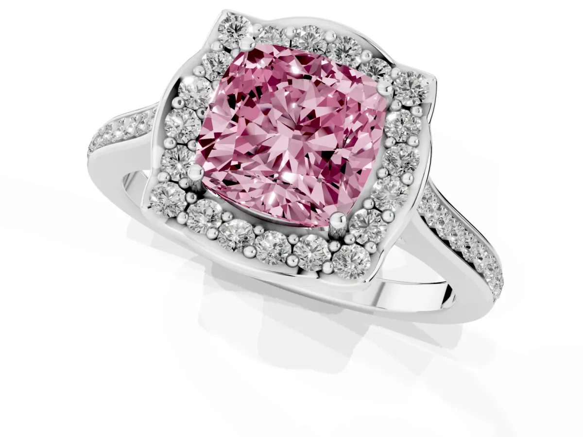 Fancy Pink Cushion Cut Halo Round Diamond Pave Band with Four-Prong Setting Platinum