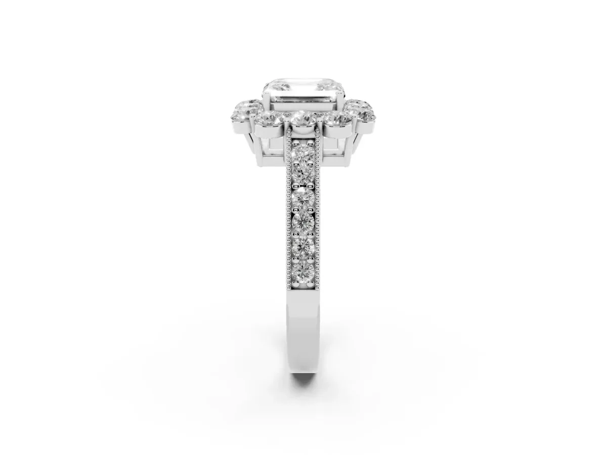 Asscher Cut Cut Halo Diamond Pavé Engagement Ring with Milgrain Detailing Platinum