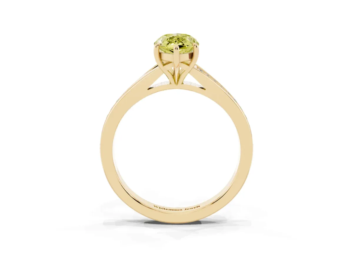 Fancy Yellow Marquise Cut Diamond Solitaire Ring with Pavé Band and Prong Setting Yellow gold
