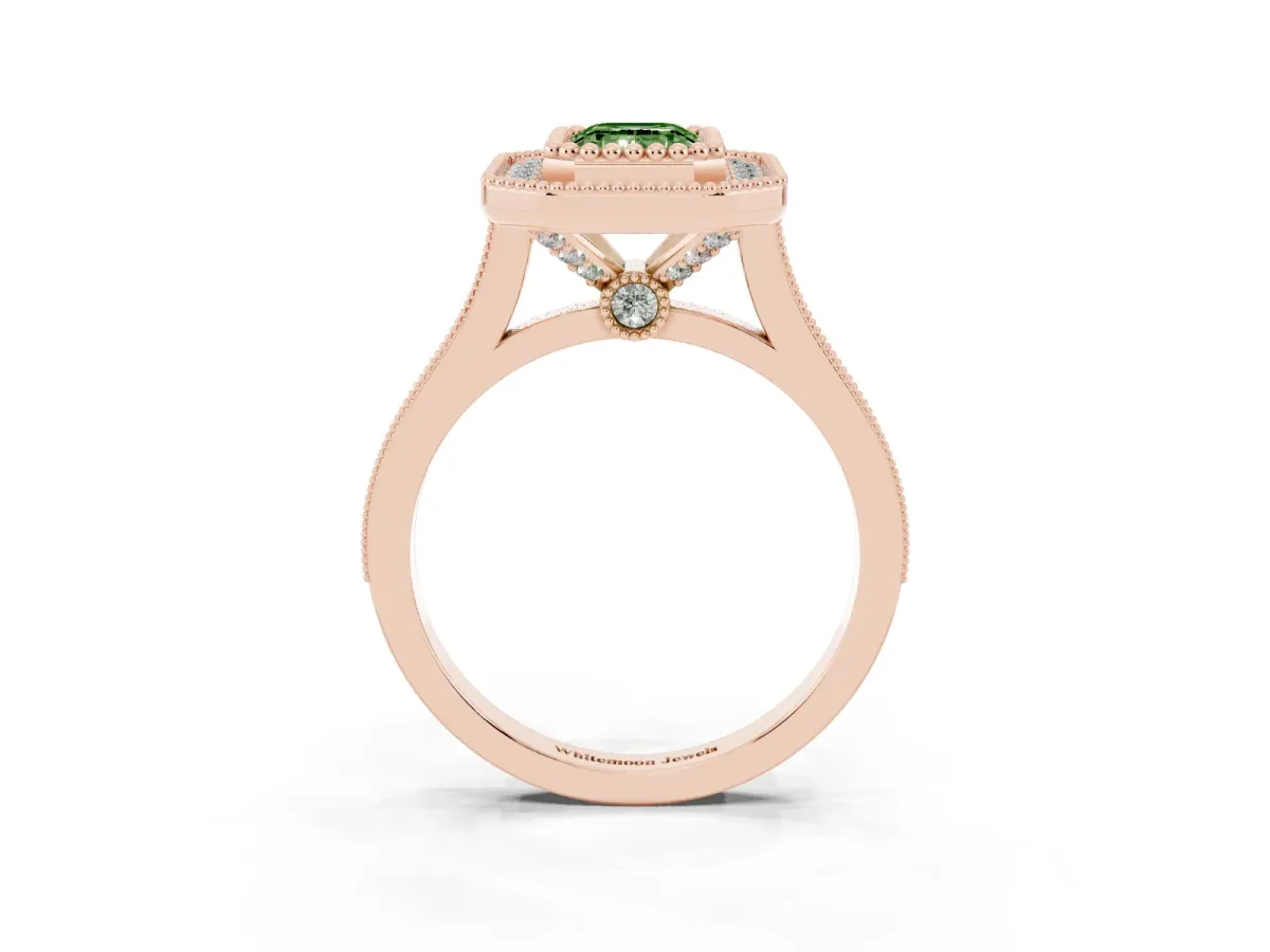 Fancy Green Emerald Cut Diamond Halo Ring with Milgrain Frame and Pavé Band Rose gold