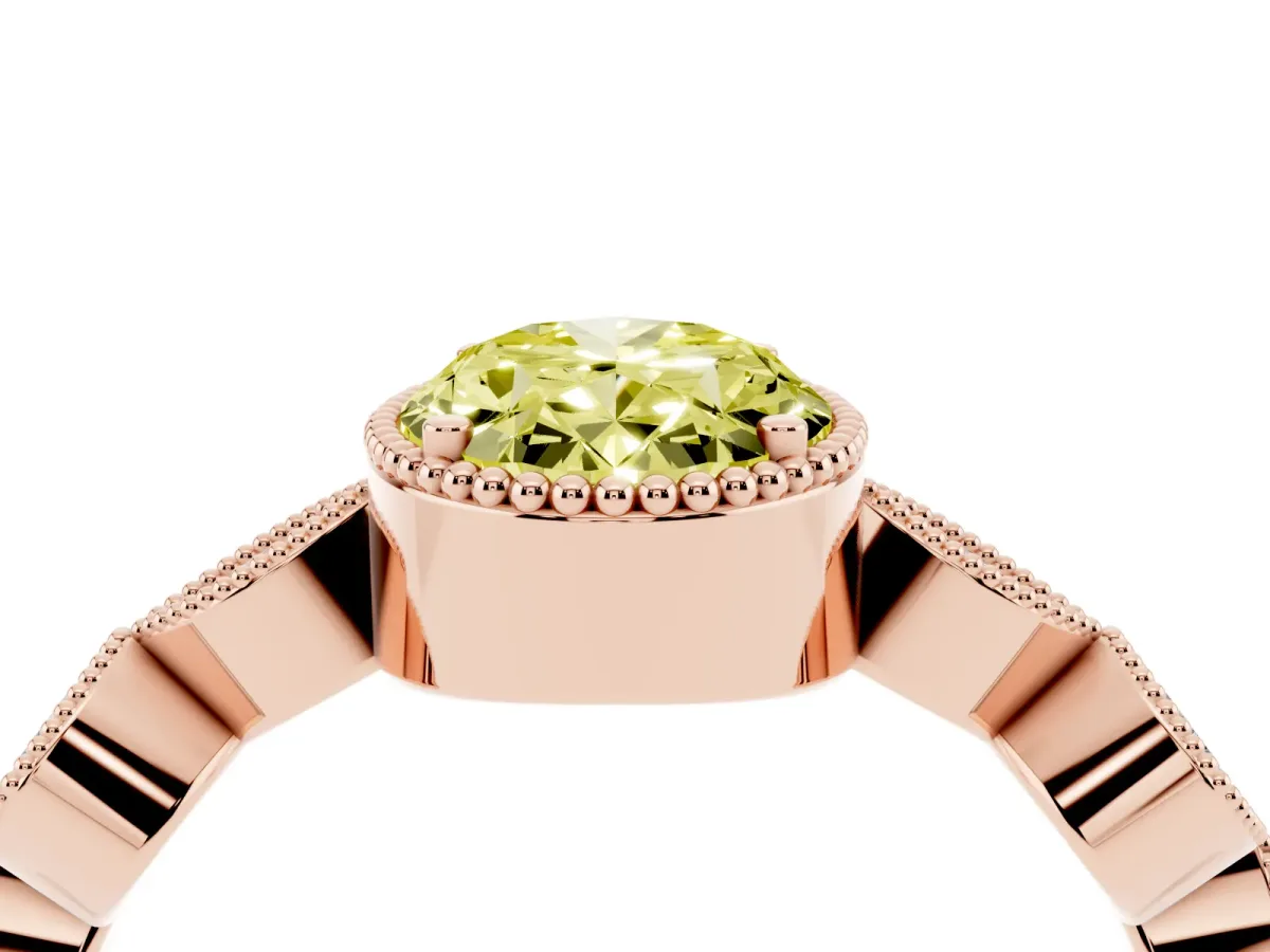Fancy Yellow Oval Cut Diamond Vintage Milgrain Ring with Round Stations Rose gold