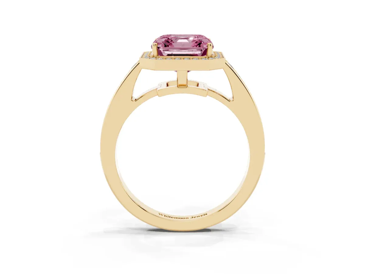 Fancy Pink Asscher Cut Halo Pavé Diamond Engagement Ring with Bezel Setting Yellow gold