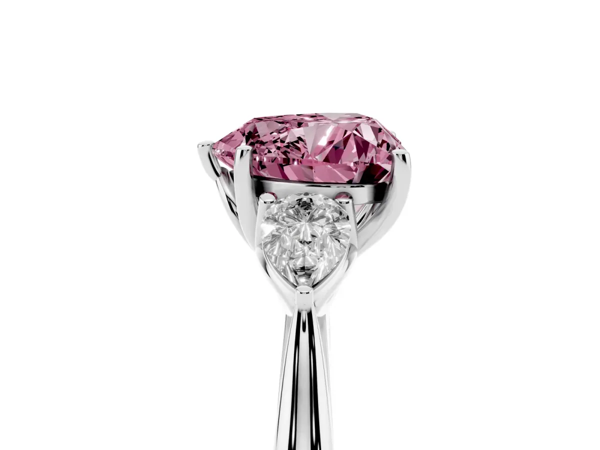 Fancy Pink Three-Stone Heart Cut Diamond Ring with Pear Side Stones in Four-Prong Setting Silver