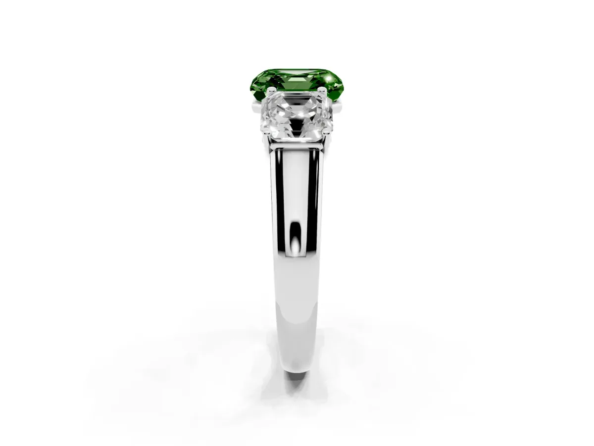 Fancy Green Asscher Cut Three-Stone Diamond Ring with Prong Setting on a Classic Band Platinum