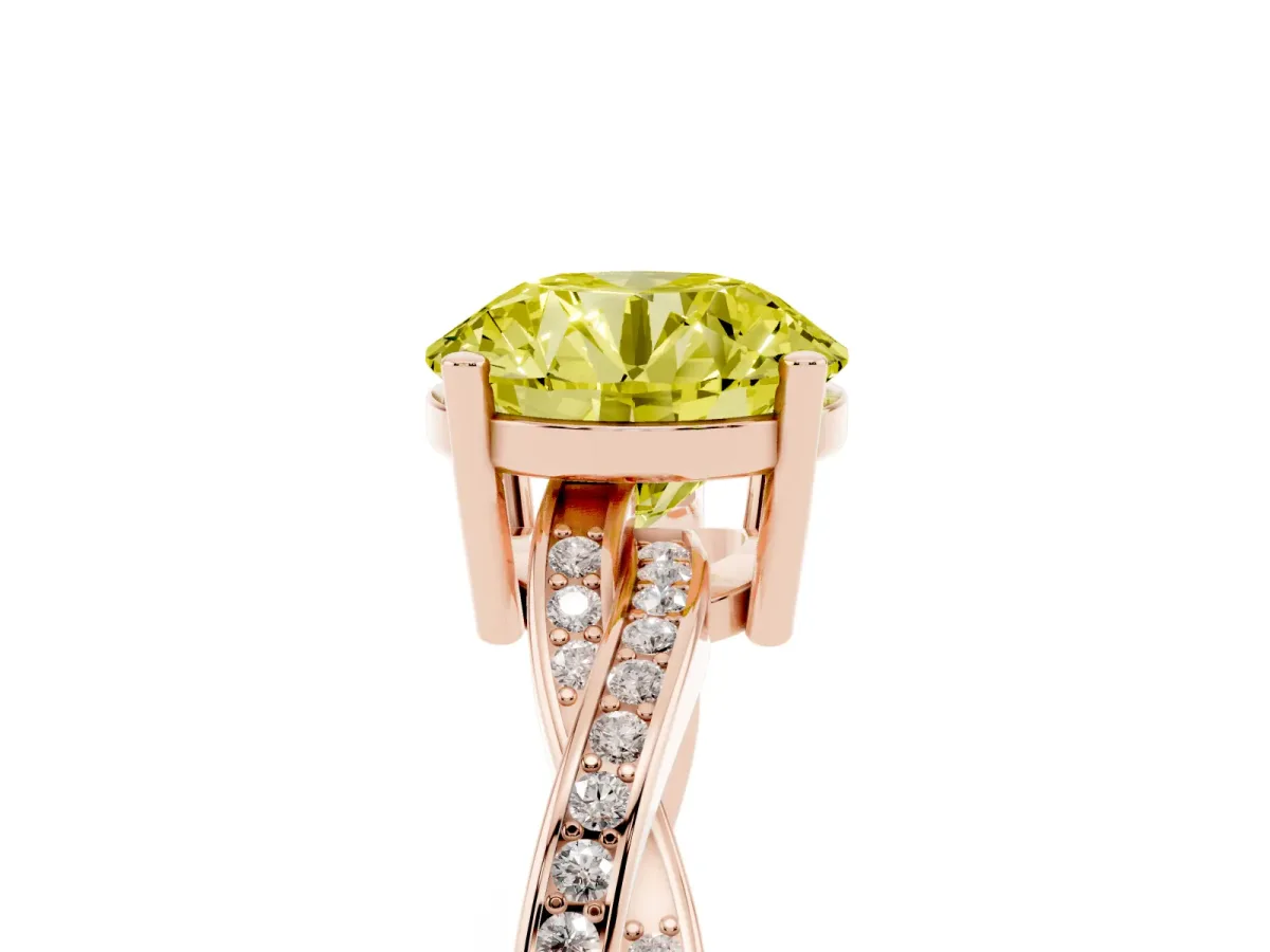 Fancy Yellow Round Cut Solitaire Twisted Pave Diamond Ring with Four-Prong Setting Rose gold