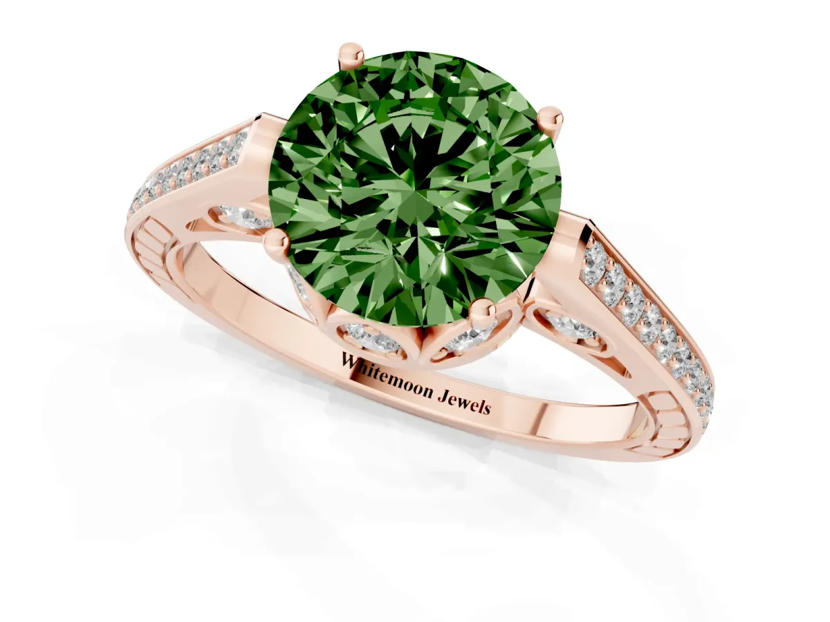 Fancy Green Round Cut Cut Cathedral Pave Diamond Engagement Ring with Six-Prong Setting Rose gold