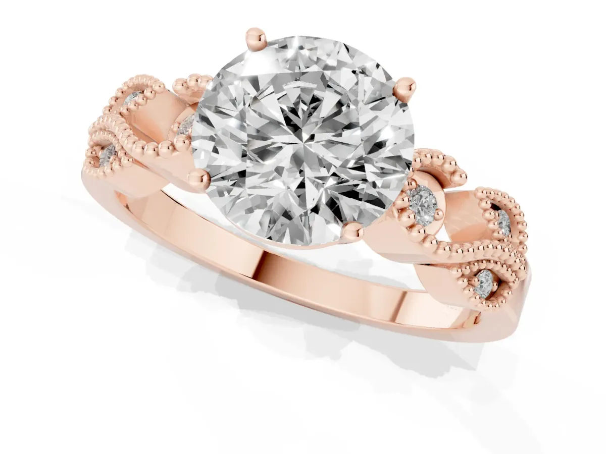 Round Cut Solitaire Milgrain Leaf Band with Prong Setting Rose gold