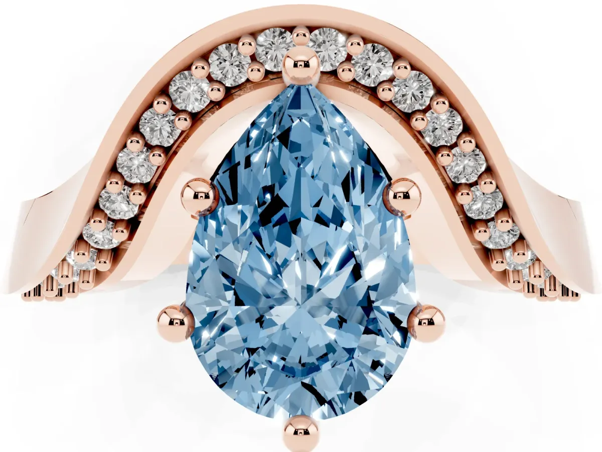 Fancy Blue Pear Cut Solitaire Diamond Engagement Ring with Pave Band and Four-Prong Setting Rose gold