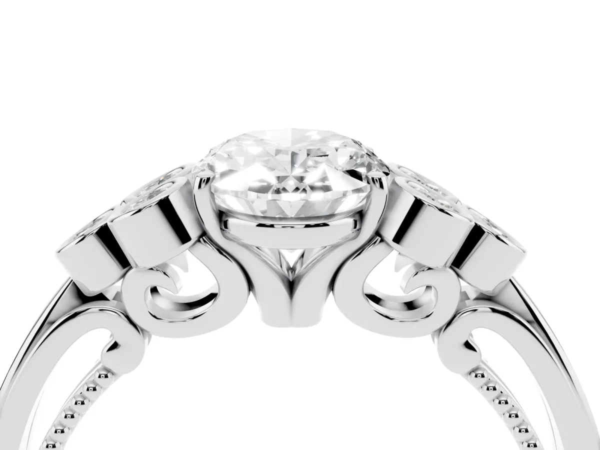 Oval Cut Cut Diamond Engagement Ring with Bezel Set Round Side Stones and Prong Setting Silver