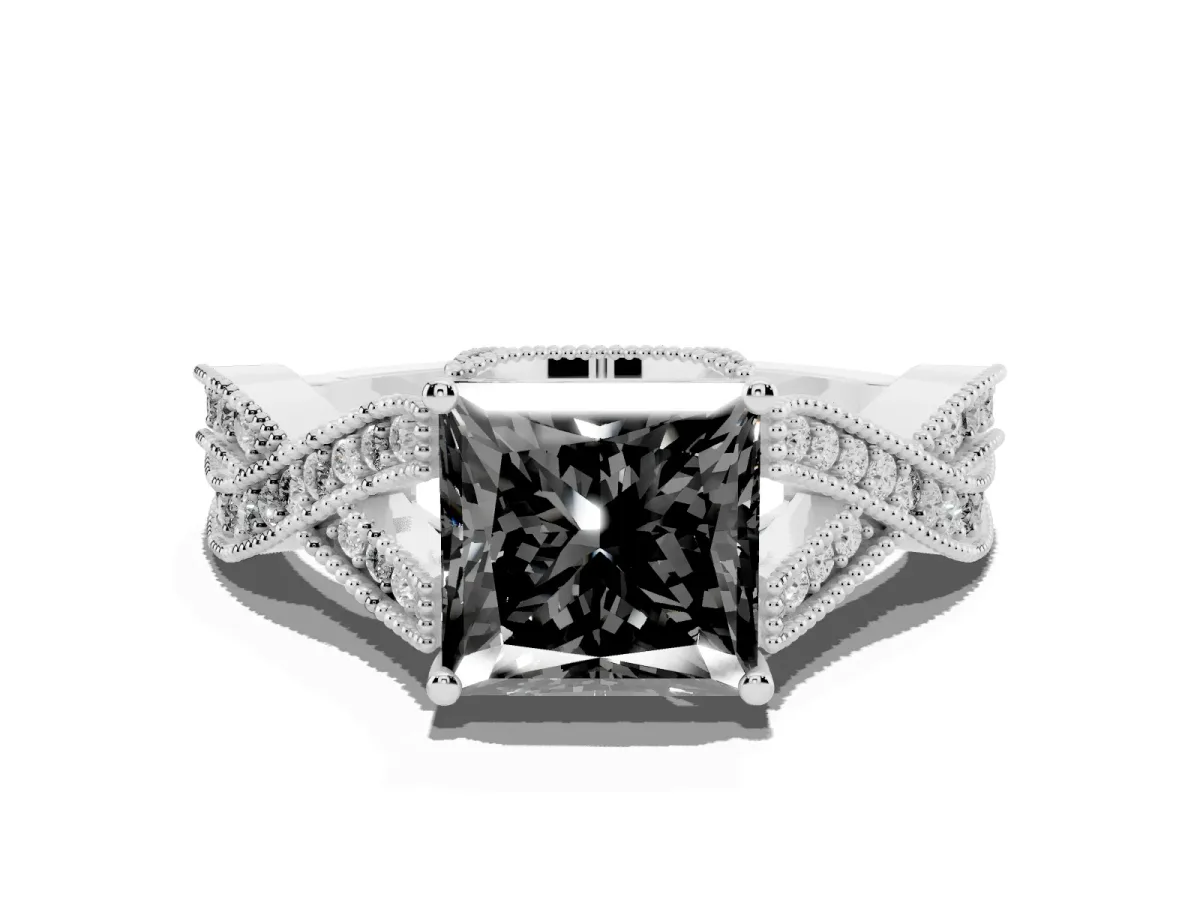 Fancy Black Princess Cut Cut Diamond Twisted Band with Milgrain Pave Setting and Four-Prong Setting Silver