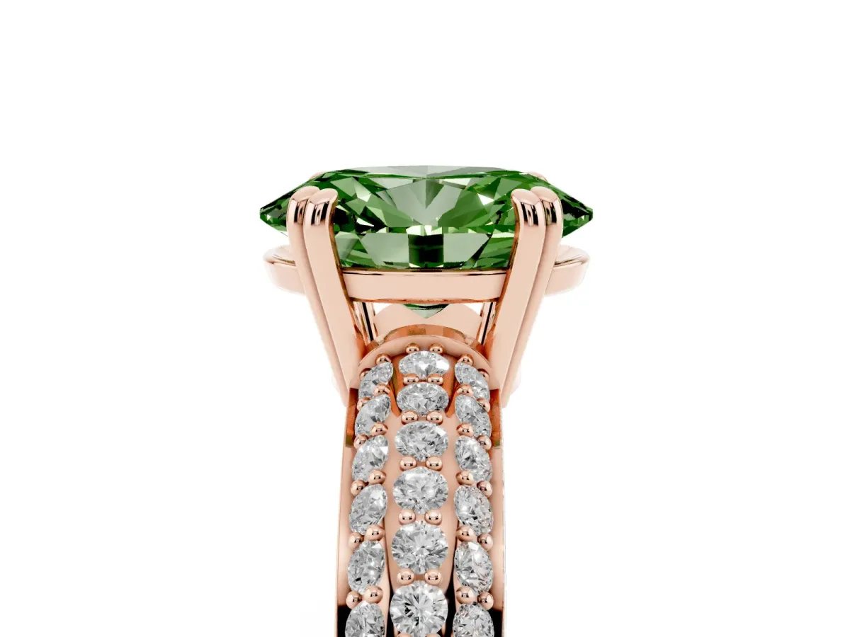 Fancy Green Oval Cut Diamond Solitaire Ring with Multi-Row Round Pavé Band and Prong Setting Rose gold
