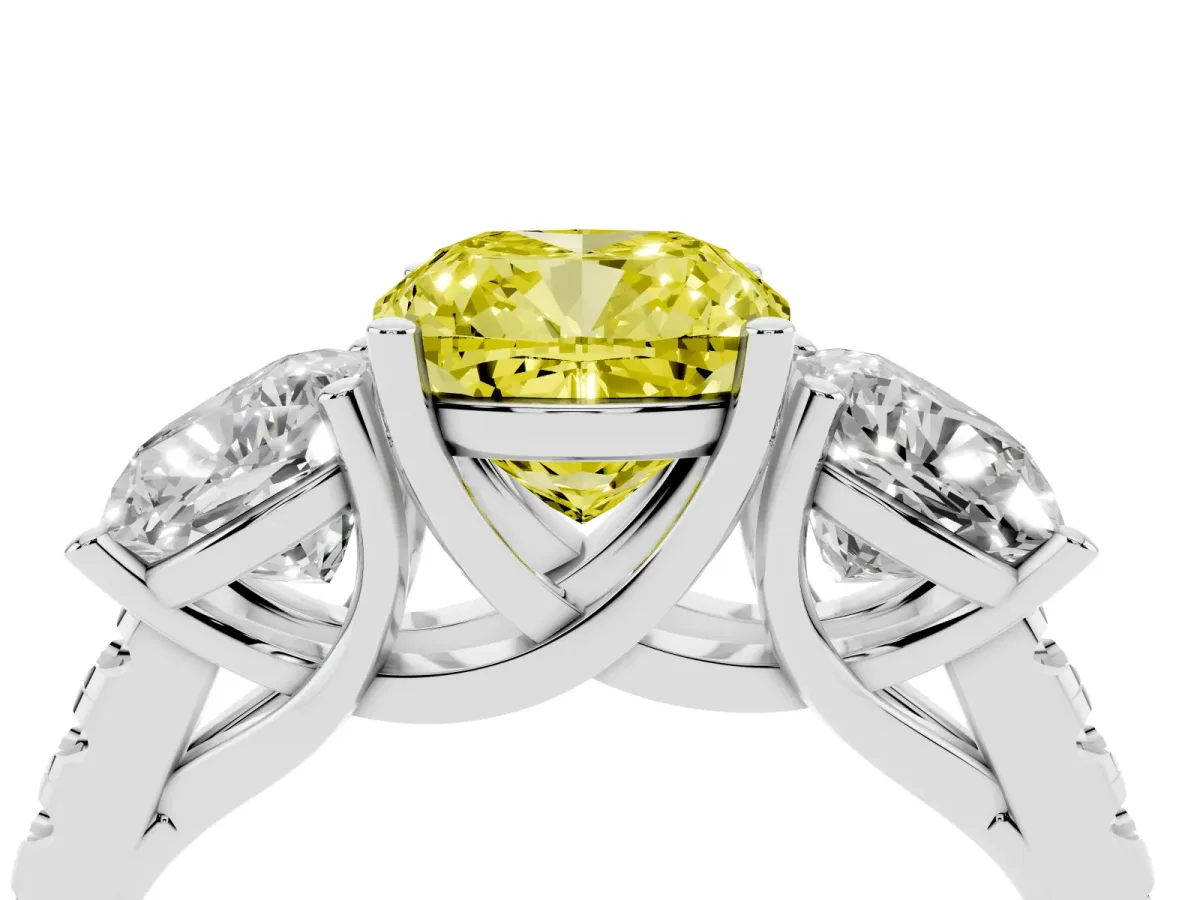 Fancy Yellow Three-Stone Cushion Cut Diamond Ring with Round Pavé Band and Prong Setting Silver