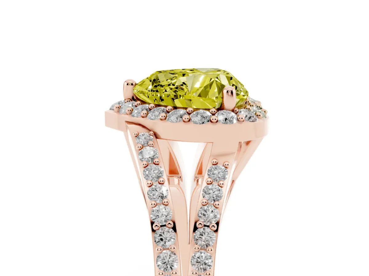 Fancy Yellow Heart Cut Halo Split Shank Diamond Ring with Prong Setting Rose gold