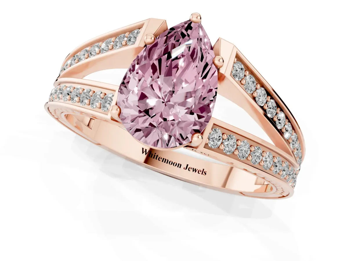 Fancy Pink Pear Cut Diamond Split Shank Ring with Pavé Band and Four-Prong Setting Rose gold