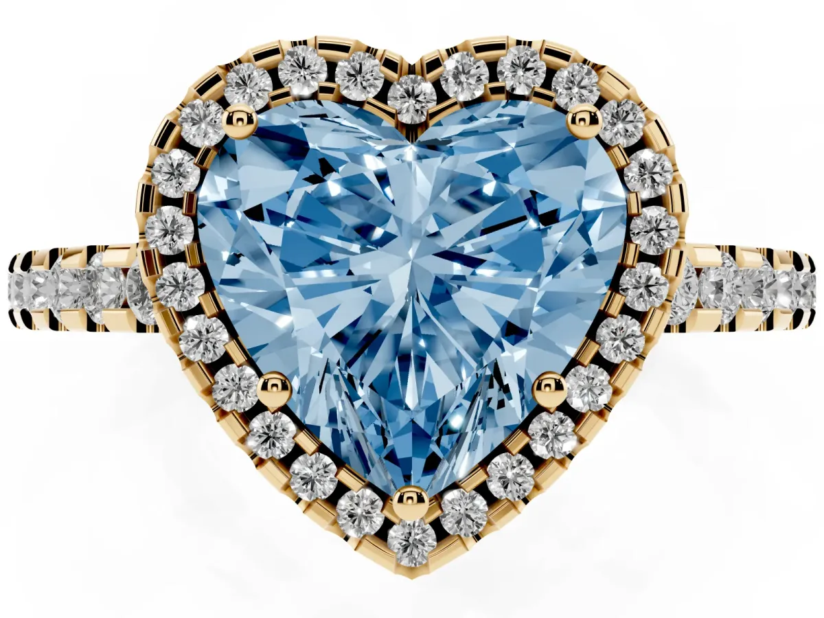 Fancy Blue Heart Cut Diamond Halo Engagement Ring with Pavé Band and Prong Setting Yellow gold