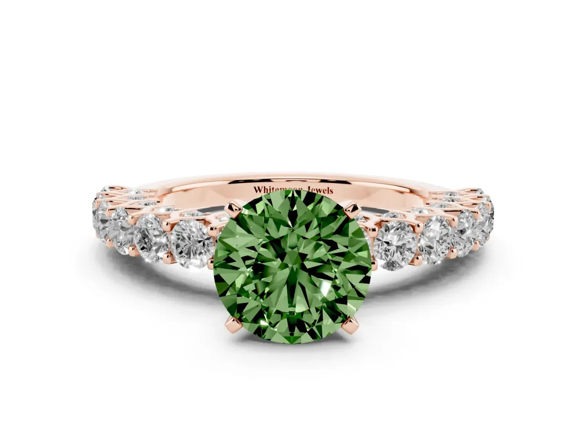 Fancy Green Round Cut Diamond Solitaire Ring with Shared Prong Pavé Band and Four-Prong Setting Rose gold