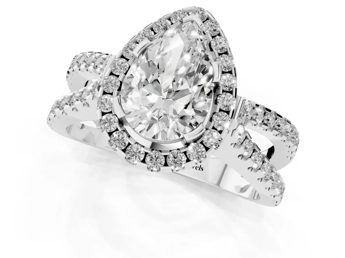 Pear Cut Diamond Halo Ring with Split Shank Pavé Band and Prong Setting Silver