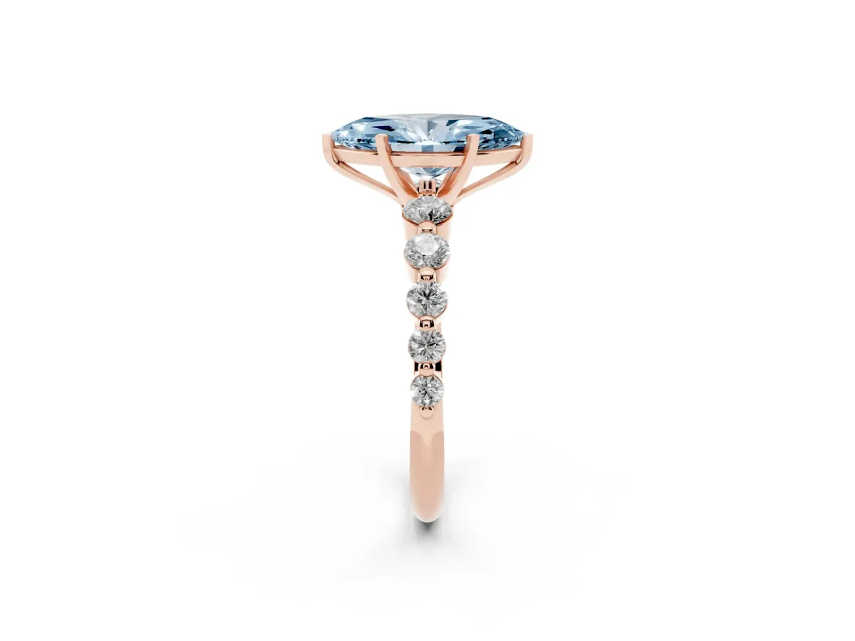 Fancy Blue Marquise Cut Solitaire Diamond Ring with Pave Band and Four-Prong Setting Rose gold