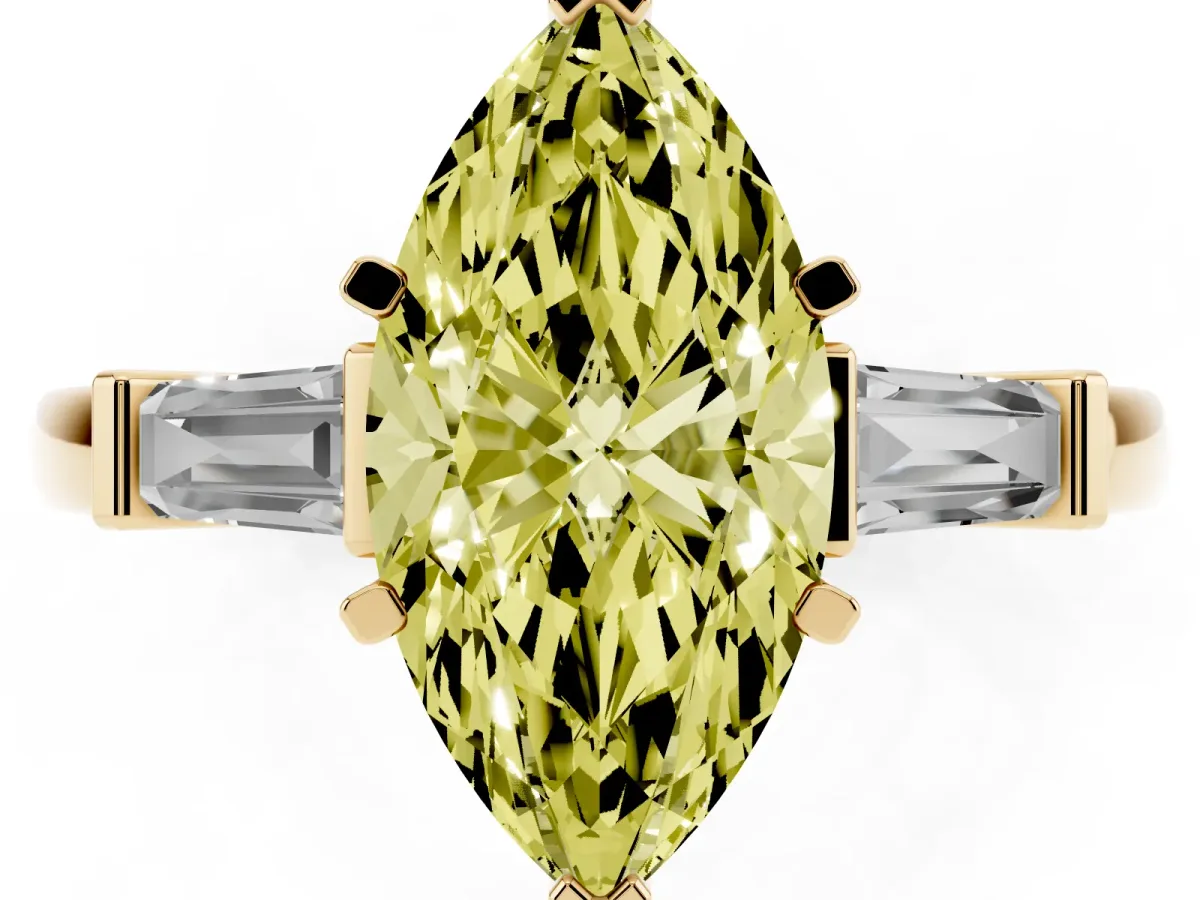 Fancy Yellow Marquise Cut Cut Diamond Solitaire Ring with Tapered Baguette Accents and Four-Prong Setting Yellow gold