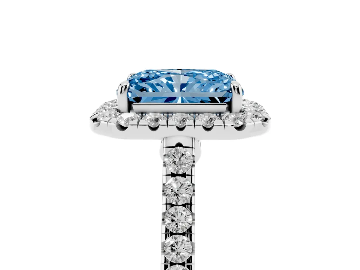Fancy Blue Radiant Cut Halo Pave Diamond Engagement Ring with Four-Prong Setting Silver