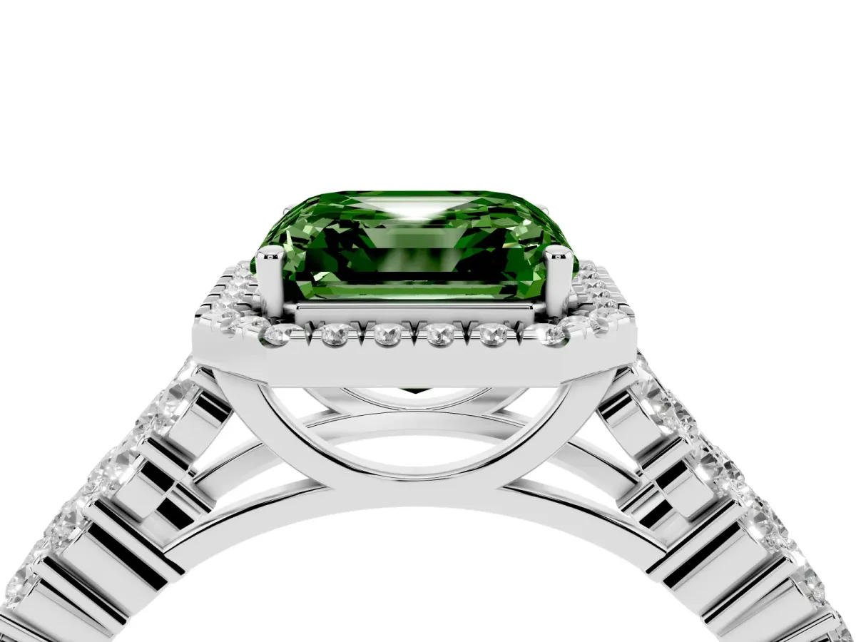 Fancy Green Asscher Cut Diamond Halo Engagement Ring with Triple Row Round Pavé Band and Prong Setting Platinum