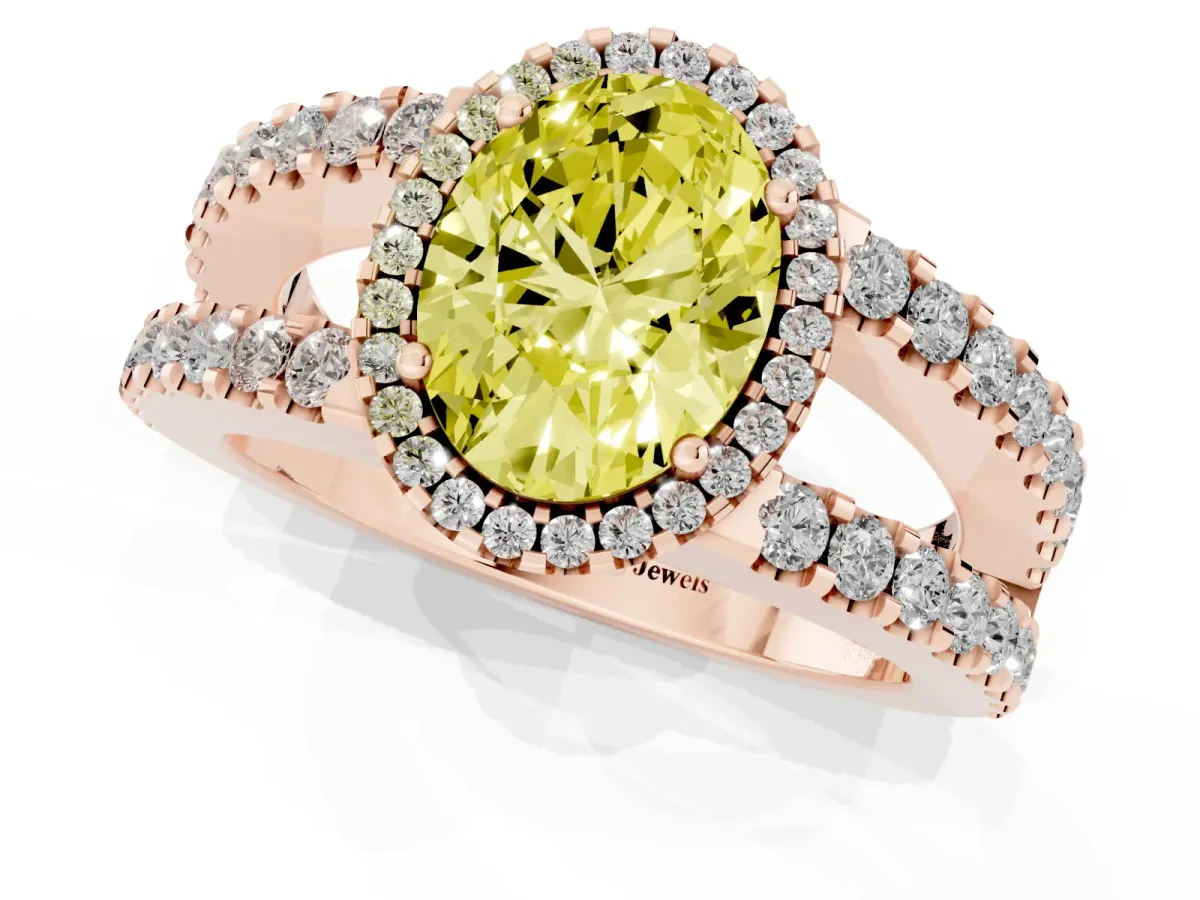 Fancy Yellow Oval Cut Cut Halo Split Shank Diamond Ring with Four-Prong Setting Rose gold