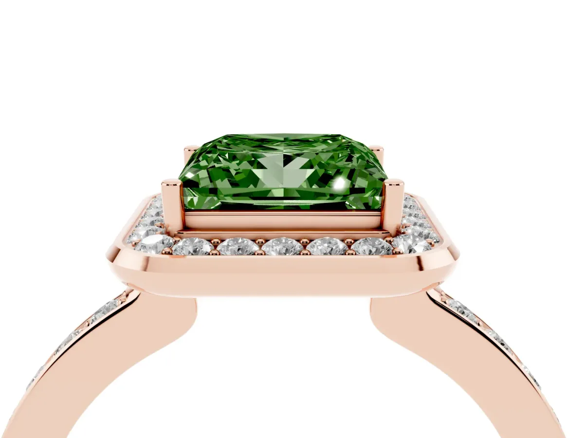Fancy Green Princess Cut Diamond Halo Ring with Bezel Frame and Pavé Band Rose gold
