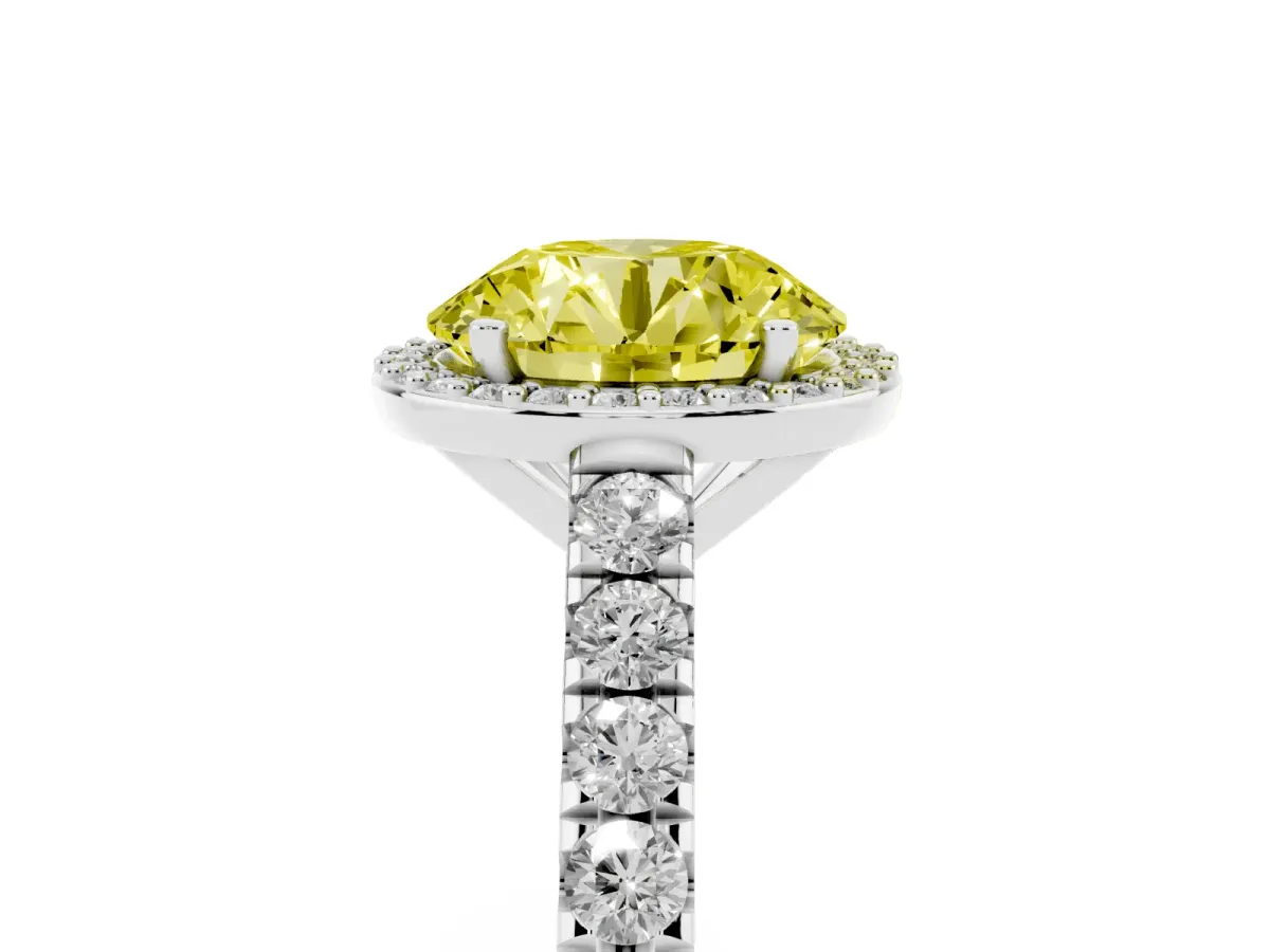 Fancy Yellow Round Cut Cut Halo Diamond Engagement Ring with Pave Band and Four-Prong Setting White gold