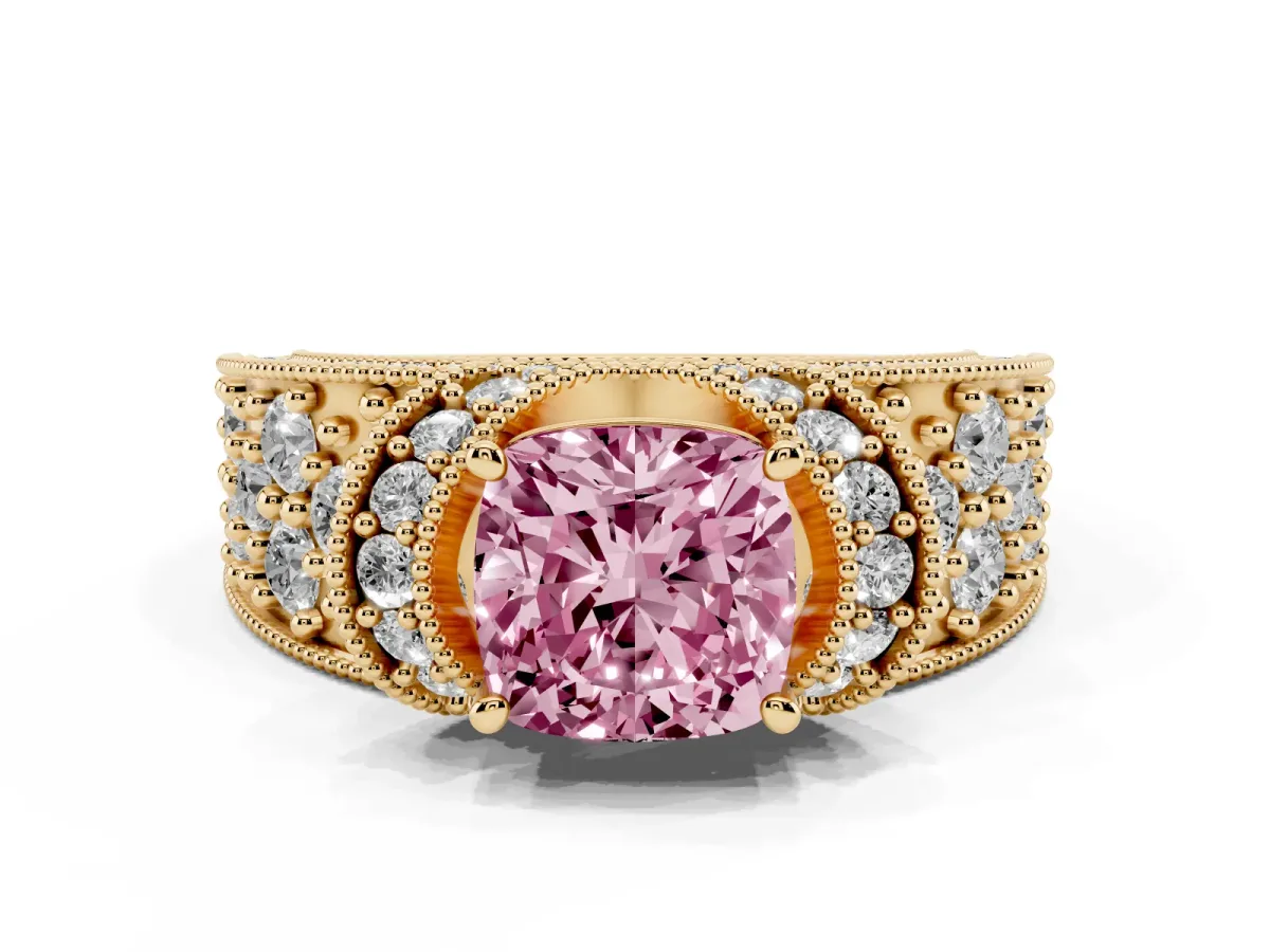 Fancy Pink Cushion Cut Halo Pave Diamond Engagement Ring with Milgrain Detailing Yellow gold