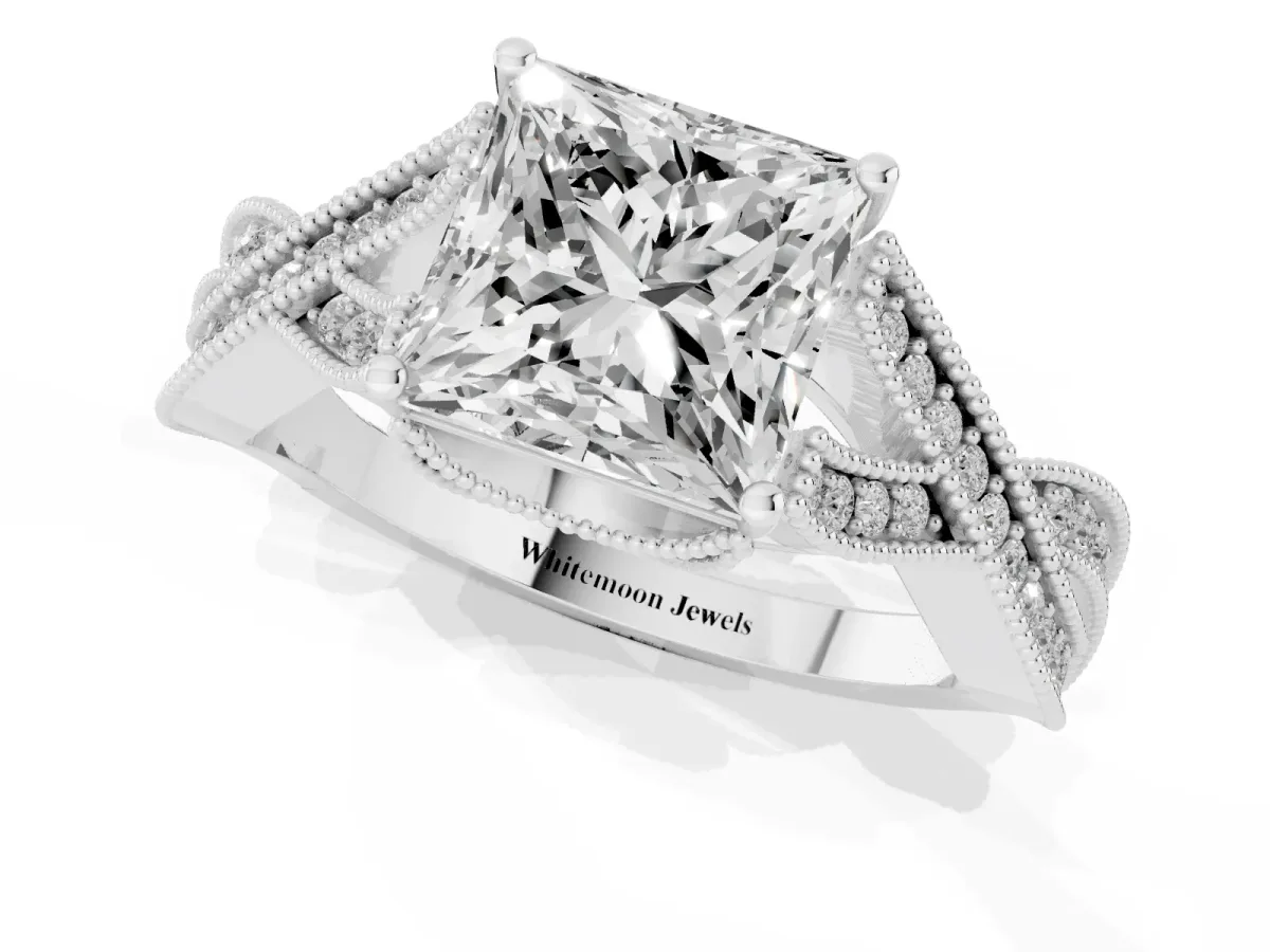 Princess Cut Cut Diamond Twisted Band with Milgrain Pave Setting and Four-Prong Setting Silver