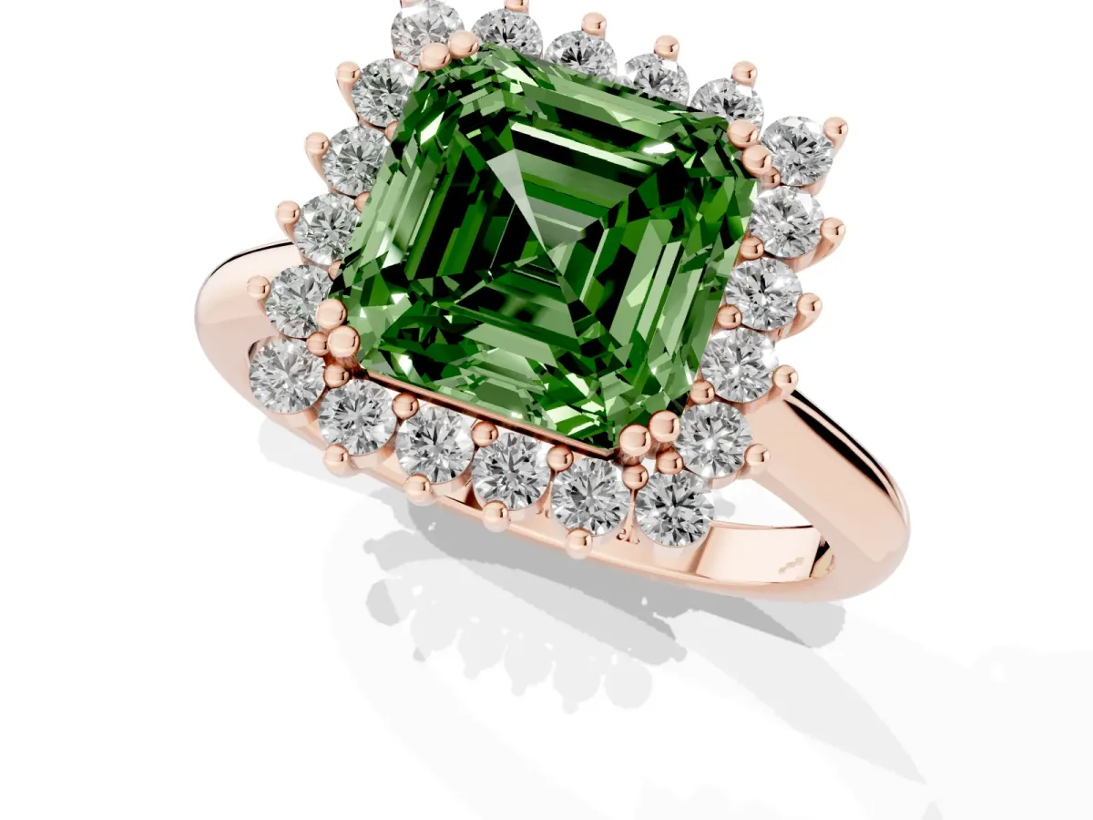 Fancy Green Asscher Cut Cut Diamond Halo Ring with Solitaire Band and Prong Setting Rose gold