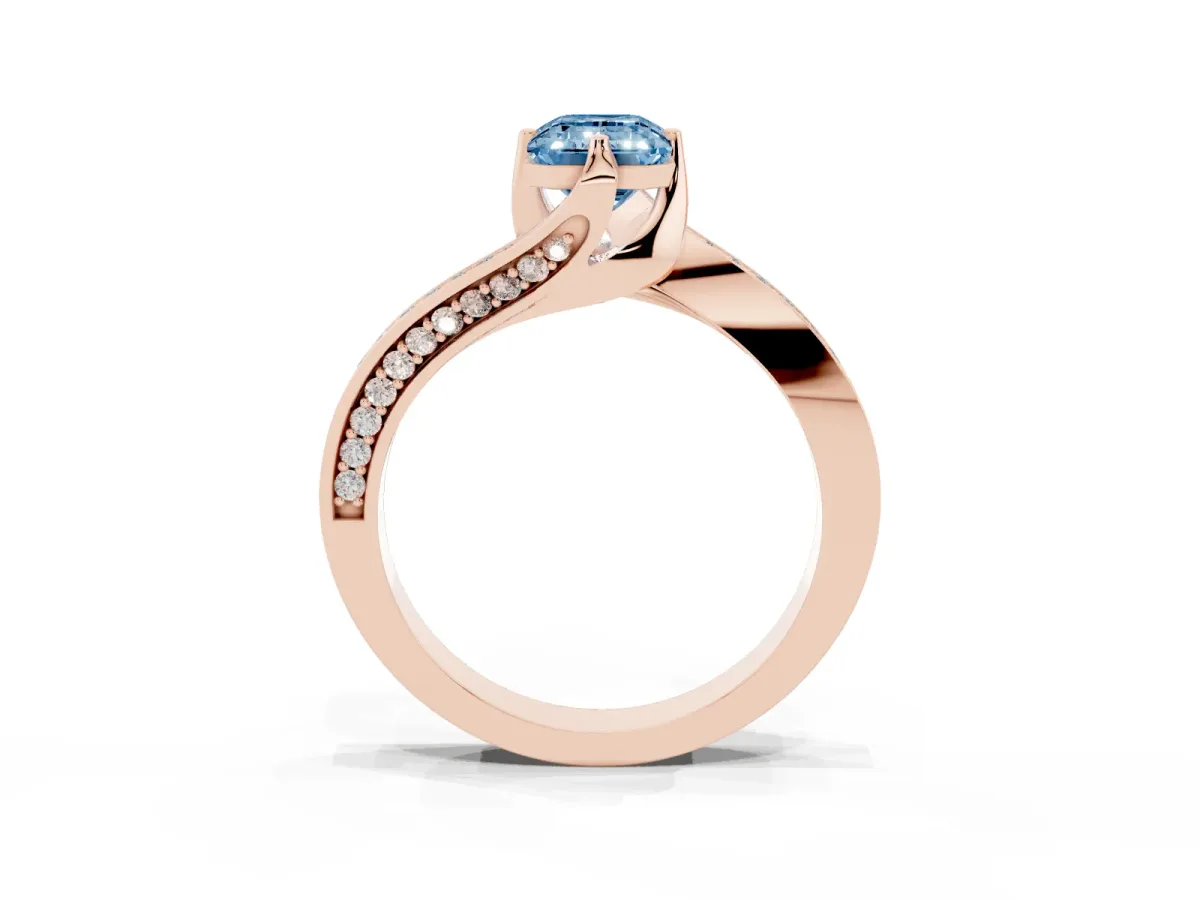 Fancy Blue Emerald Cut Solitaire Diamond Twist Band with Pavé Setting and Four-Prong Setting Rose gold
