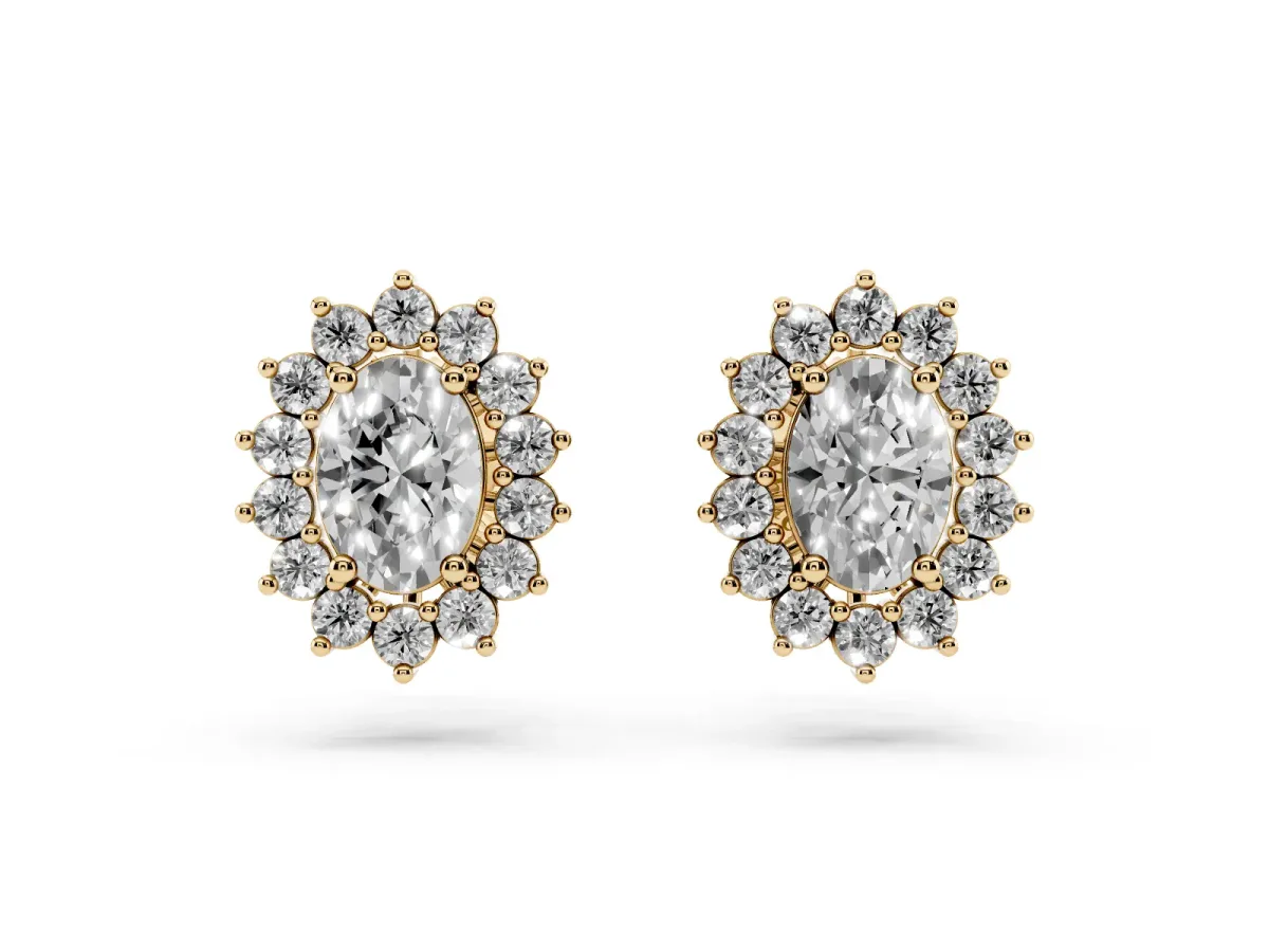 Oval Diamond Floral Halo Stud Earrings Yellow gold