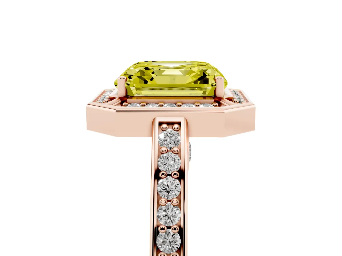 Fancy Yellow Asscher Cut Cut Halo Pave Split Shank Prong Setting Ring Rose gold