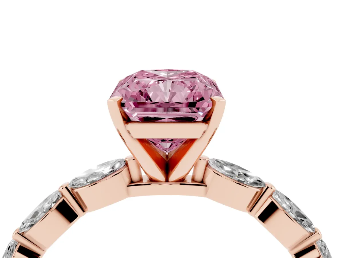 Fancy Pink Radiant Cut Diamond Ring with Marquise Side Stones and Prong Setting Rose gold