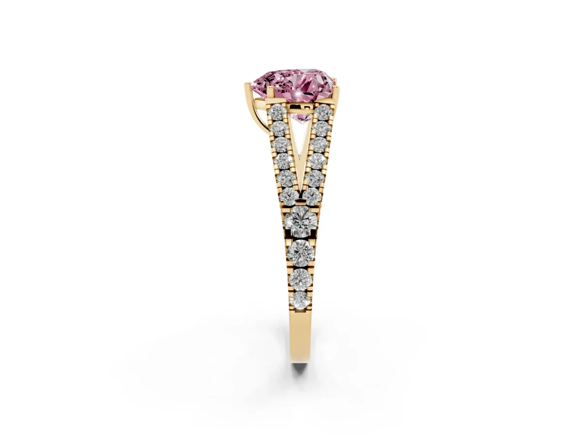 Fancy Pink Heart Cut Diamond Split Shank Engagement Ring with Round Pavé and Prong Setting Yellow gold