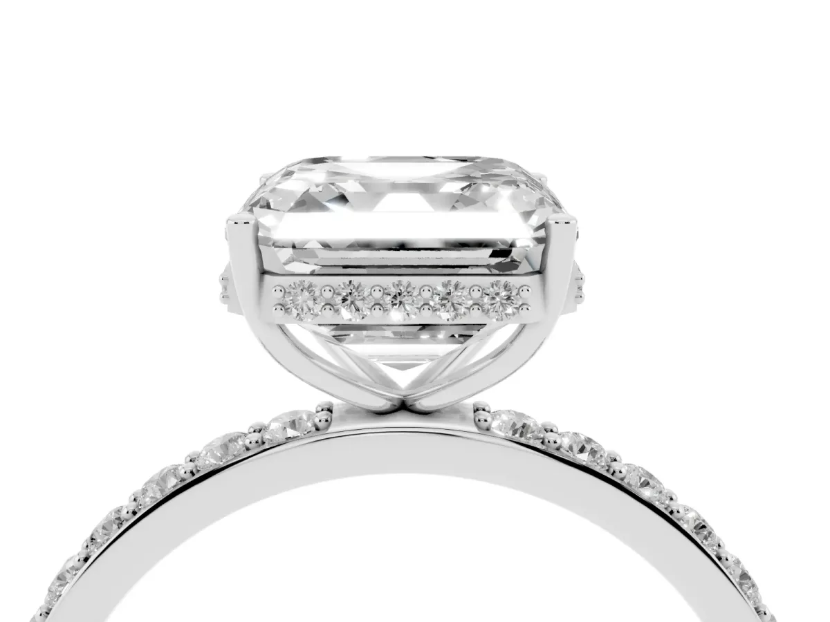 Asscher Cut Diamond Solitaire Ring with Pavé Band and Hidden Halo White gold