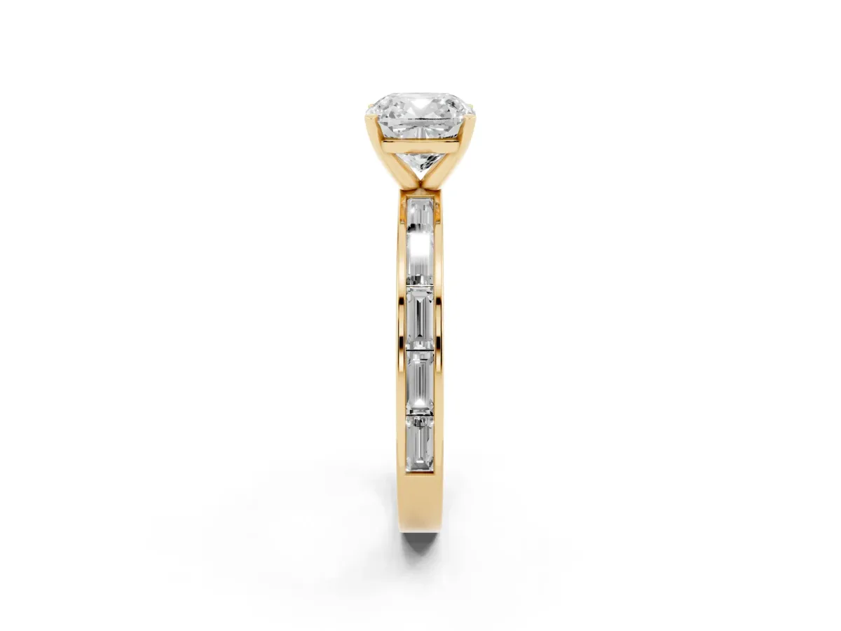Cushion Cut Solitaire Diamond Ring with Channel-Set Baguette Band and Four-Prong Setting Yellow gold