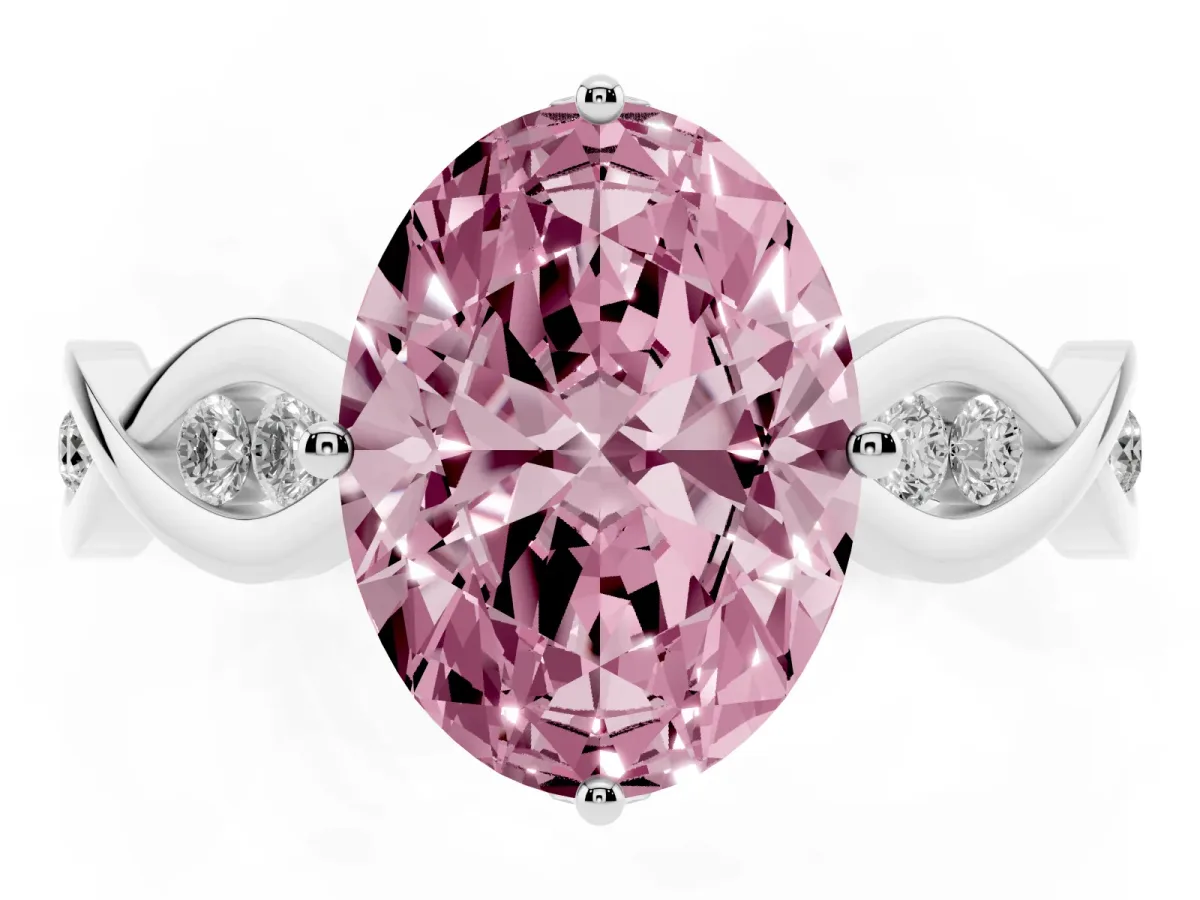 Fancy Pink Oval Cut Solitaire Twist Band with Leaf Prong Setting Silver