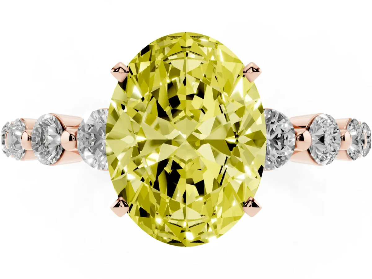 Fancy Yellow Oval Cut Solitaire Diamond Ring with Pave Band and Four-Prong Setting Rose gold
