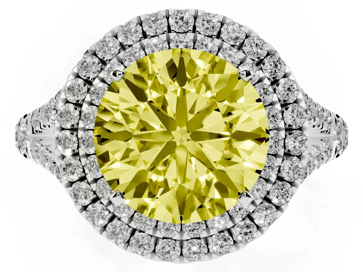 Fancy Yellow Round Cut Diamond Pavé Split Shank Double Halo Engagement Ring Silver