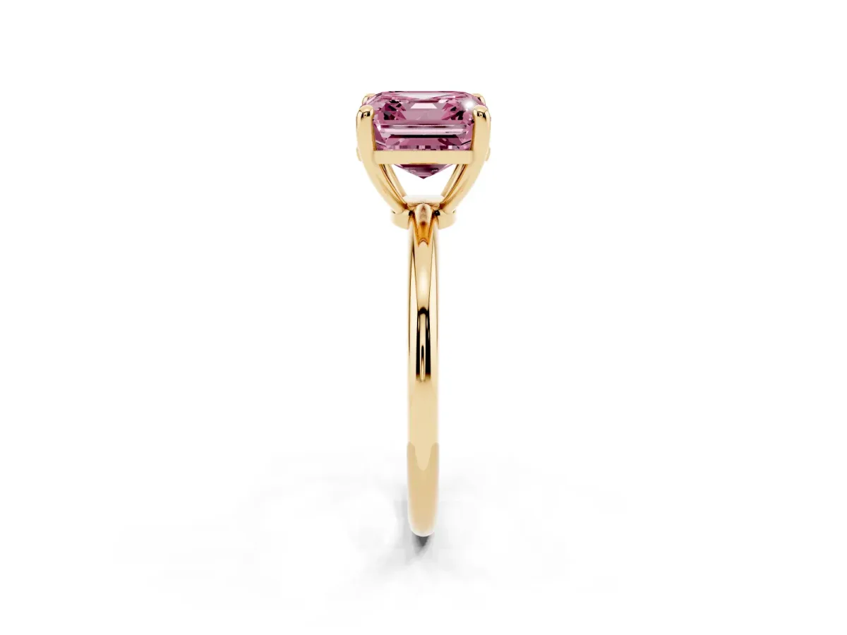 Fancy Pink Asscher Cut Solitaire Diamond Ring with 4-Prong Setting on a Classic Band Yellow gold