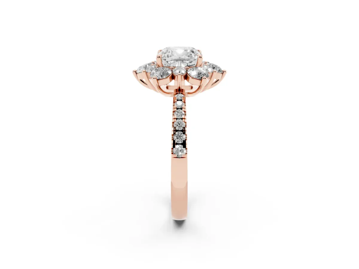 Cushion Cut Diamond Floral Halo Ring with Round Pavé Band and Prong Setting Rose gold