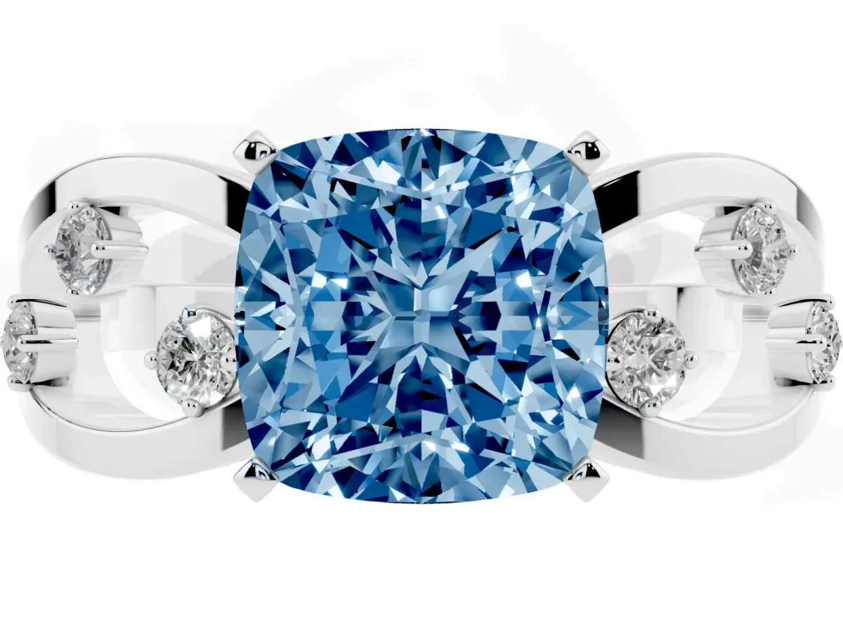Fancy Blue Cushion Cut Cut Solitaire Diamond with Side Stones on Criss-Cross Band and Four-Prong Setting Silver