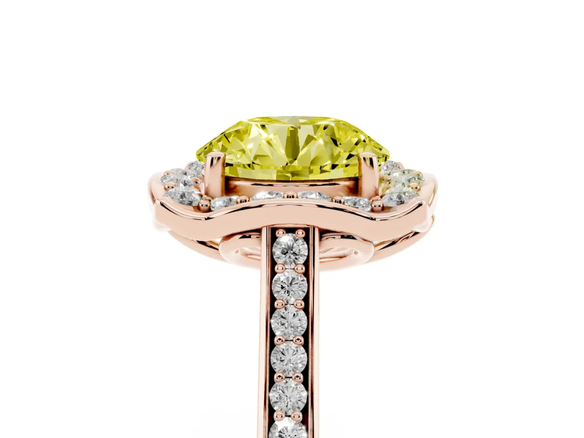 Fancy Yellow Round Cut Halo Round Diamond Pave Band with Four-Prong Setting Rose gold